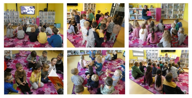 Kolaż sześciu zdjęć przedstawiających dzieci uczestniczące w zajęciach w bibliotece podczas słuchania tekstu i zabaw ruchowych