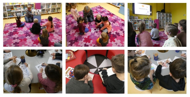 Kolaż sześciu zdjęć przedstawiających dzieci uczestniczące w zajęciach w bibliotece podczas słuchania tekstu, oglądania prezentacji na ekranie i zabaw plastycznych