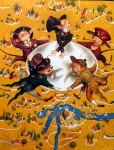 Ilustracja z baśni Królowa Śniegu przedstawiająca pięć diabłów unoszących lustro nad ziemią