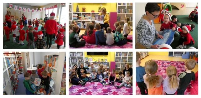 Kolaż sześciu zdjęć przedstawiających dzieci uczestniczące w zajęciach w bibliotece podczas słuchania tekstu i zabaw ruchowych