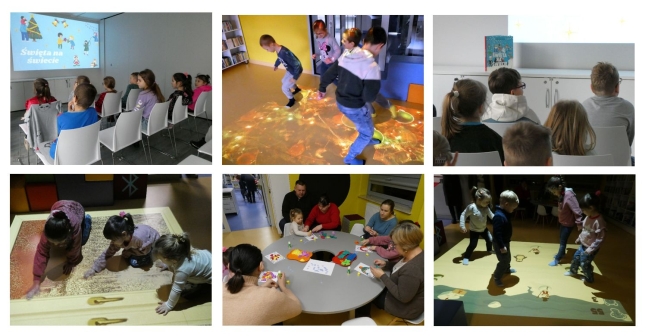 Kolaż sześciu zdjęć przedstawiających dzieci uczestniczące w zajęciach w bibliotece podczas oglądania prezentacji na ekranie, zabaw ruchowych i plastycznych